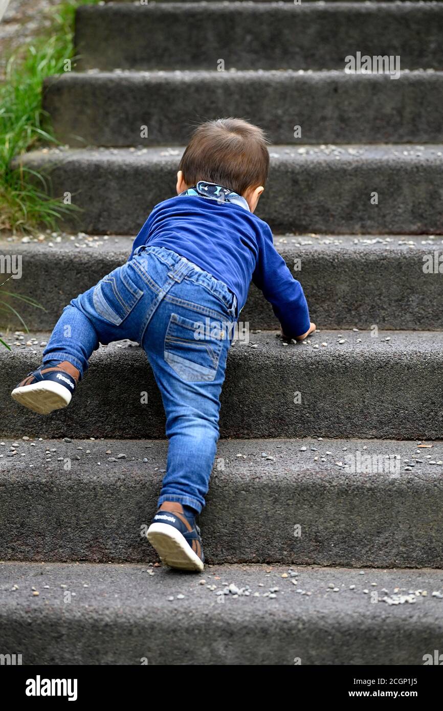 Toddler, boy, 14 months, multiethnic, crawls up stairs, Blaubeuren, Baden-Wuerttemberg, Germany Stock Photo