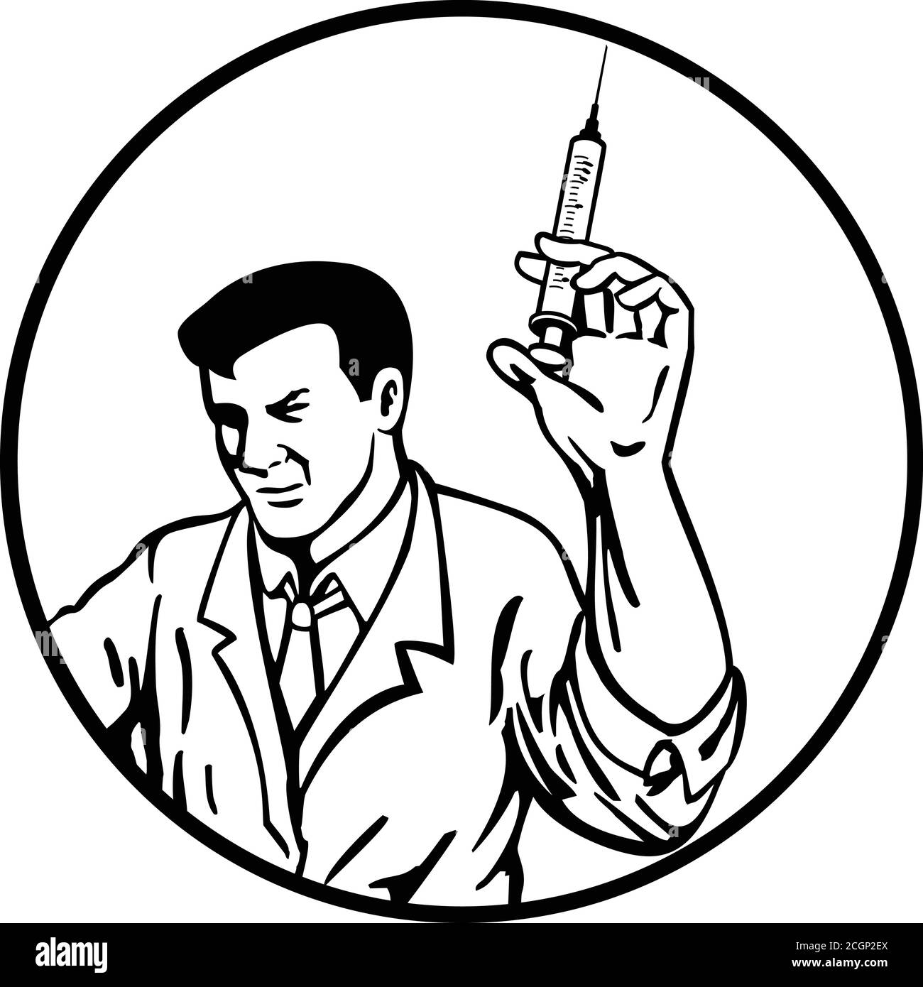 Retro style illustration of a medical doctor, nurse, medical worker or scientist wearing lab coat holding up a syringe with vaccine on set inside circ Stock Vector
