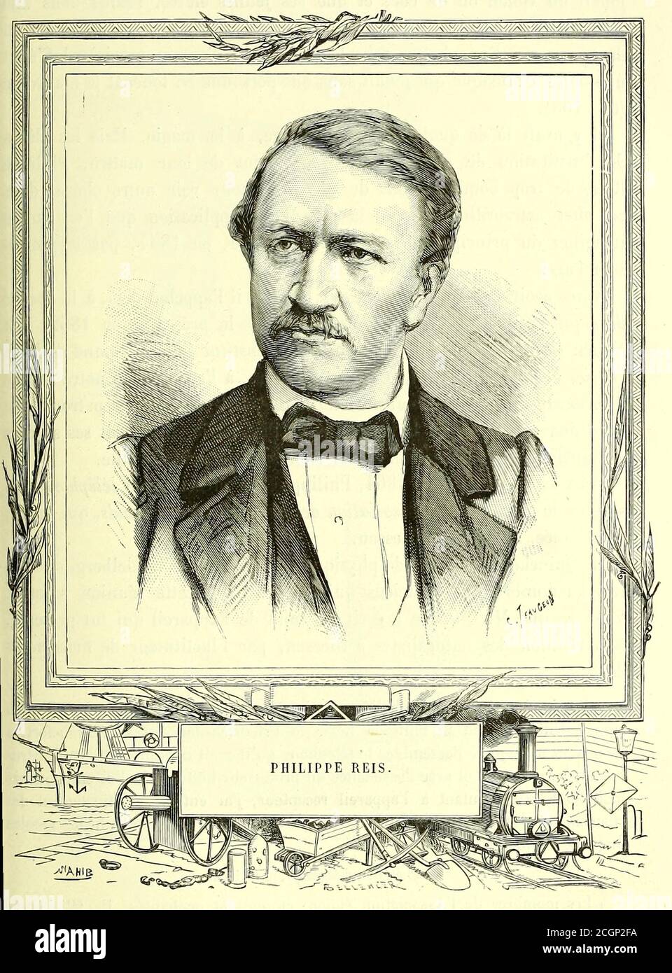Johann Philipp Reis (January 7, 1834 – January 14, 1874) was a self-taught German scientist and inventor. In 1861, he constructed the first make-and-break telephone, today called the Reis telephone. From the Book Les merveilles de la science, ou Description populaire des inventions modernes [The Wonders of Science, or Popular Description of Modern Inventions] by Figuier, Louis, 1819-1894 Published in Paris 1867 Stock Photo