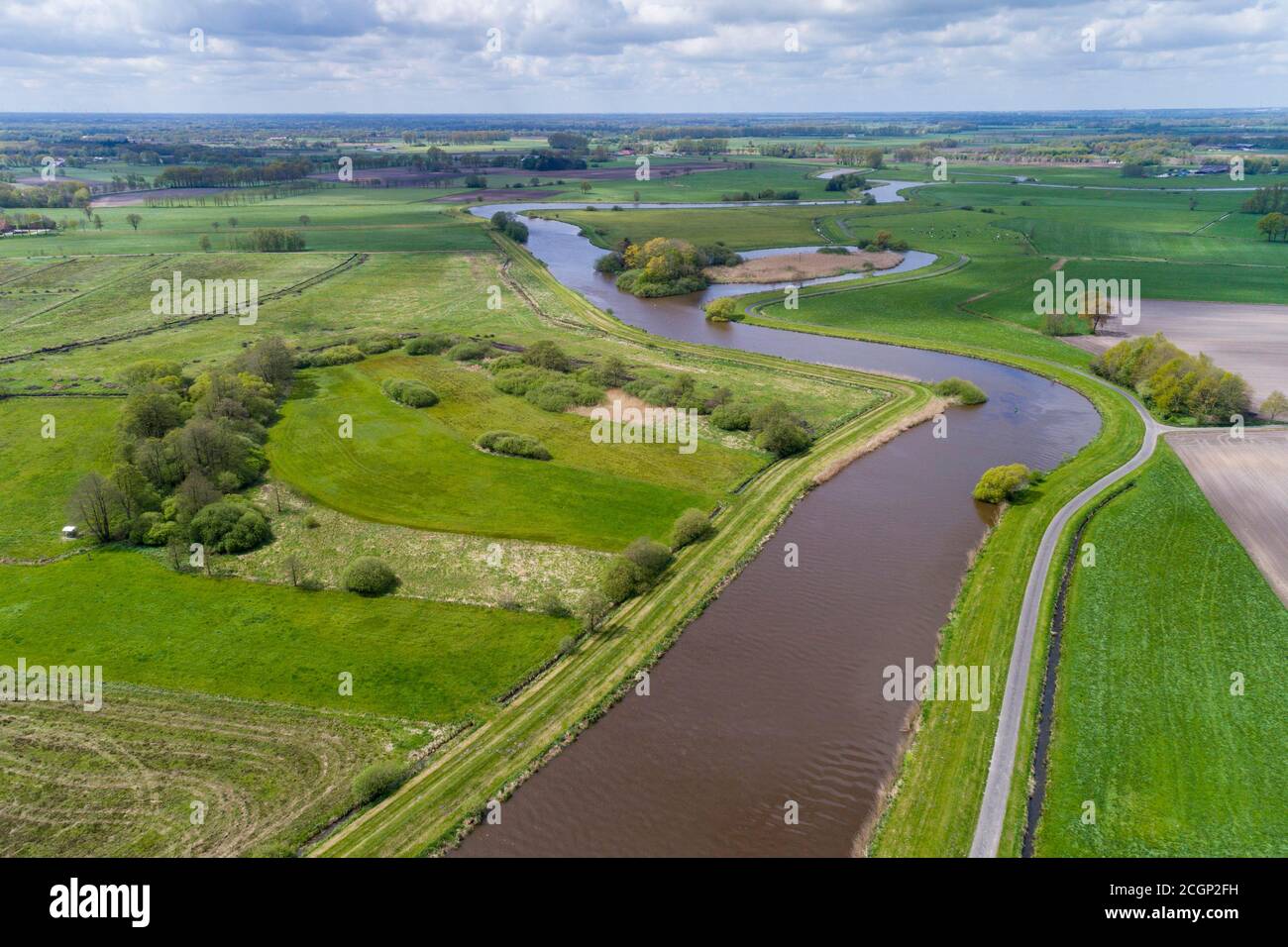 Aerial view, Barsseler Tief and River Leda, Barssel, Oldenburger Muensterland, Lower Saxony, Germany Stock Photo