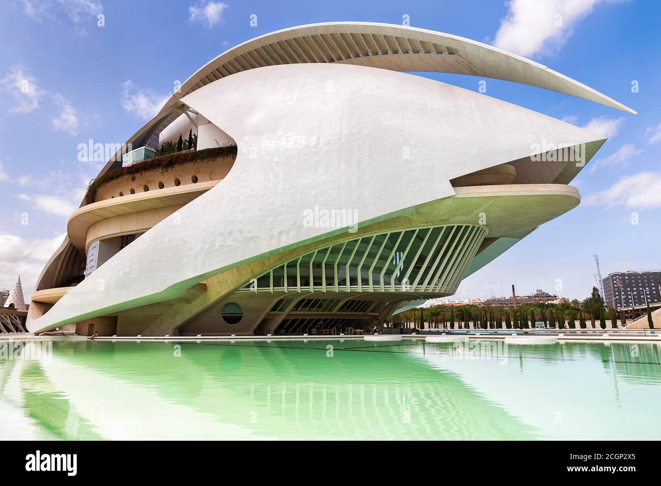 Modern Opera House, Palau de les Arts Reina Sofia, curved building, architect Santiago Calatrava, Ciudad de las Artes y de las Ciencias, Valencia Stock Photo