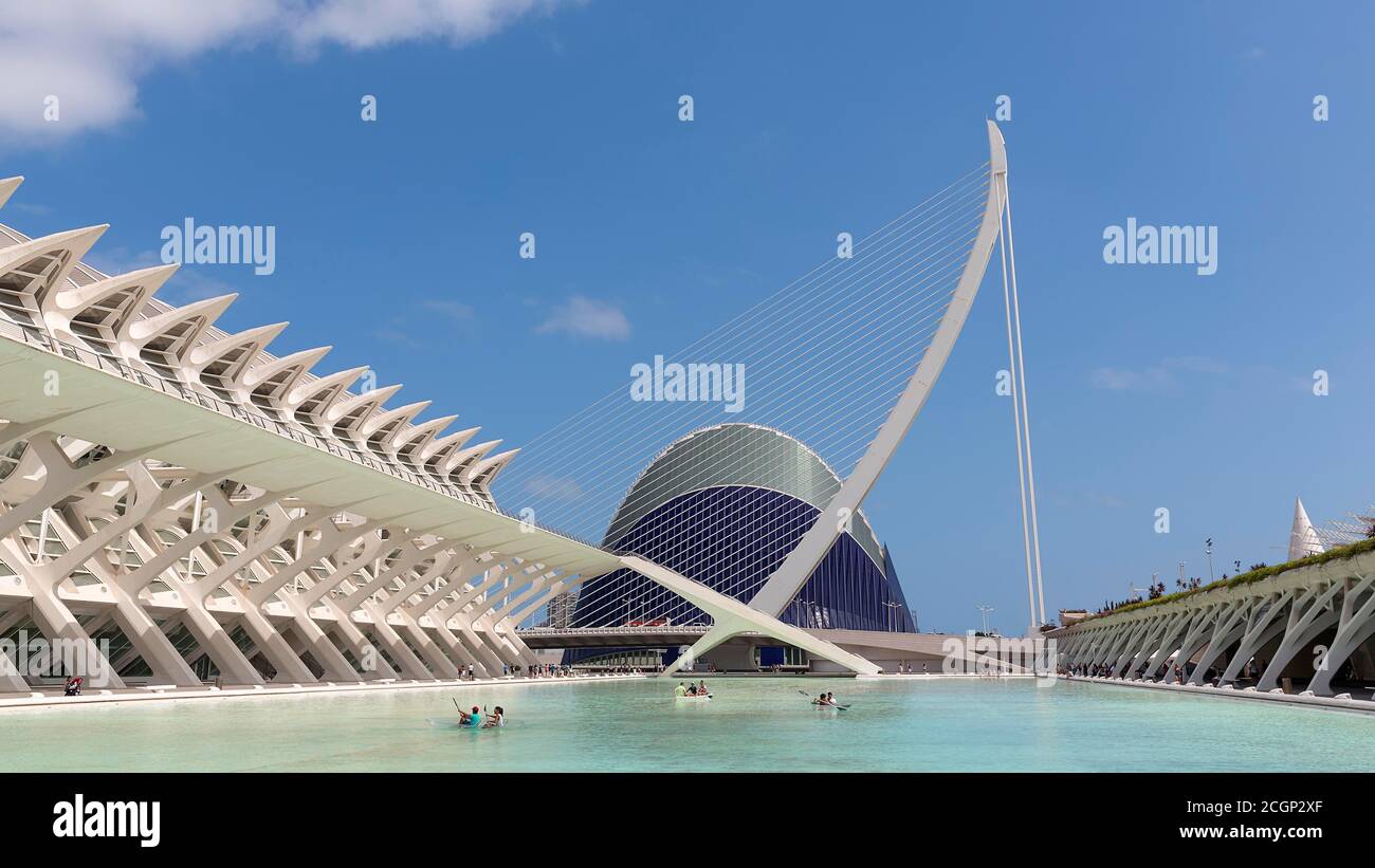 Principe Felipe Science Museum and Puente de l'Assut de l'Or Bridge, architect Santiago Calatrava, Ciudad de las Artes y de las Ciencias, Valencia Stock Photo