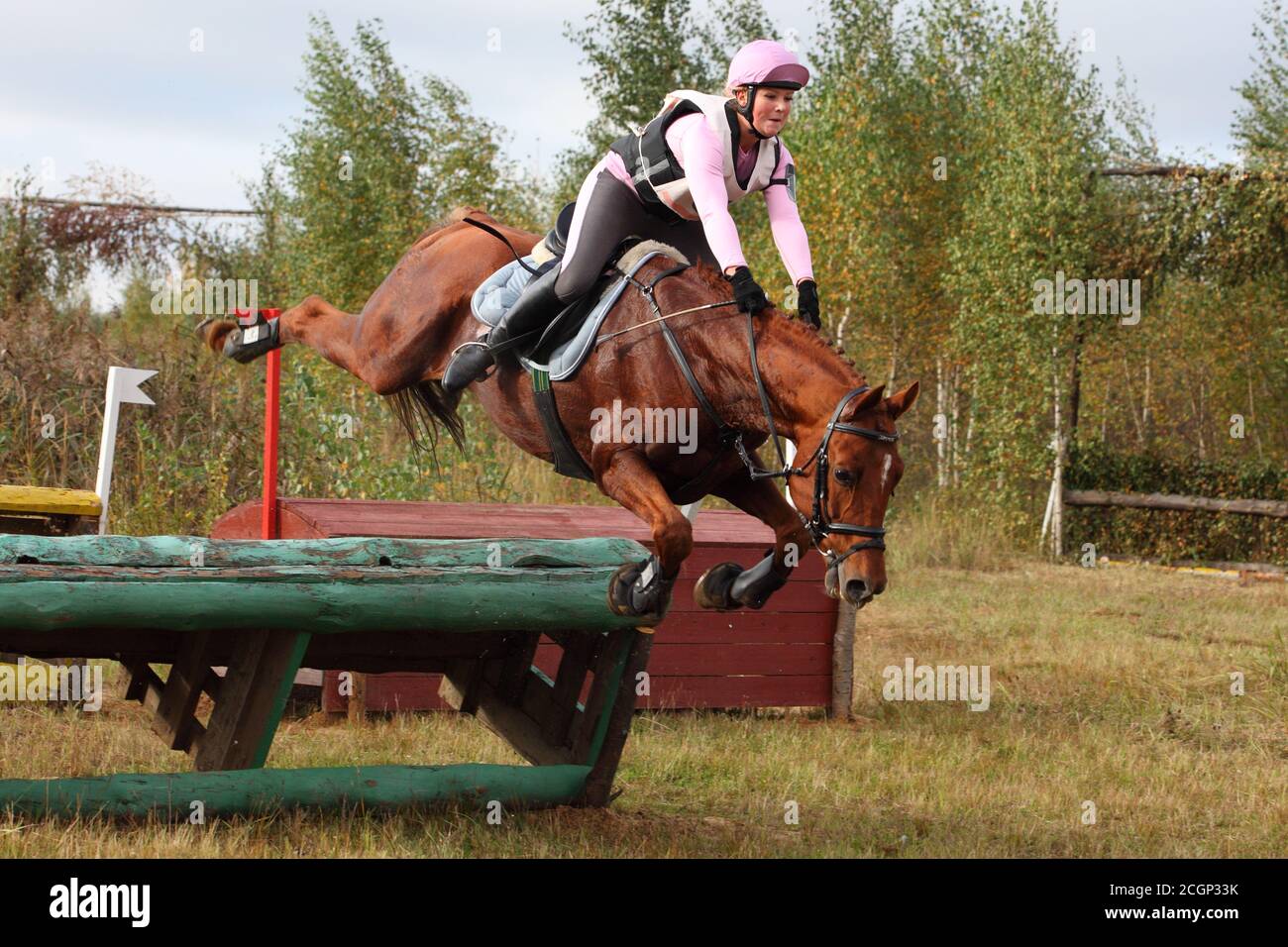 Horse falling in cross country event jumping tournament, over or