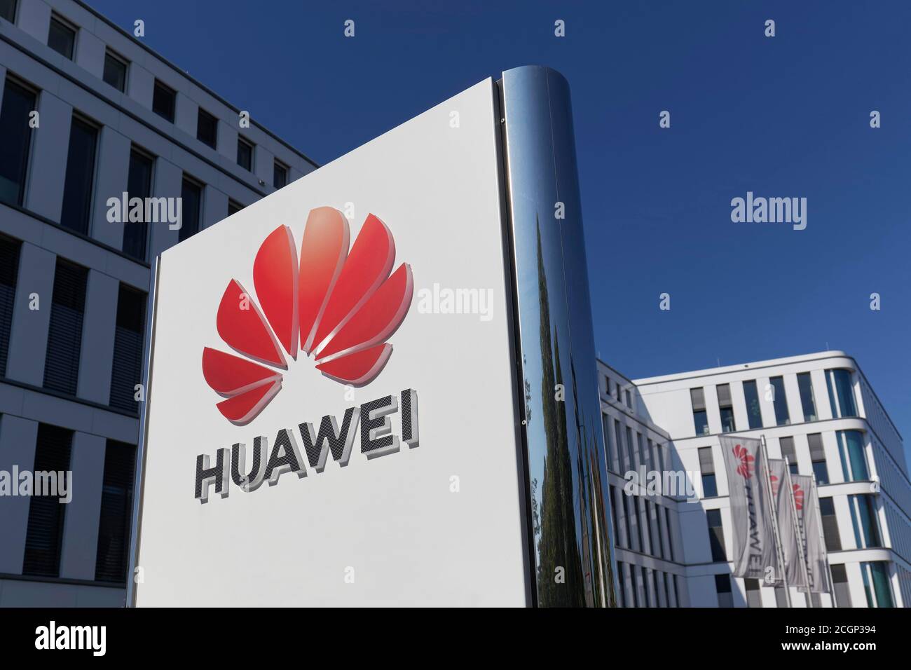 Logo on the European headquarters of Huawei Technologies in Duesseldorf, North Rhine-Westphalia, Germany Stock Photo