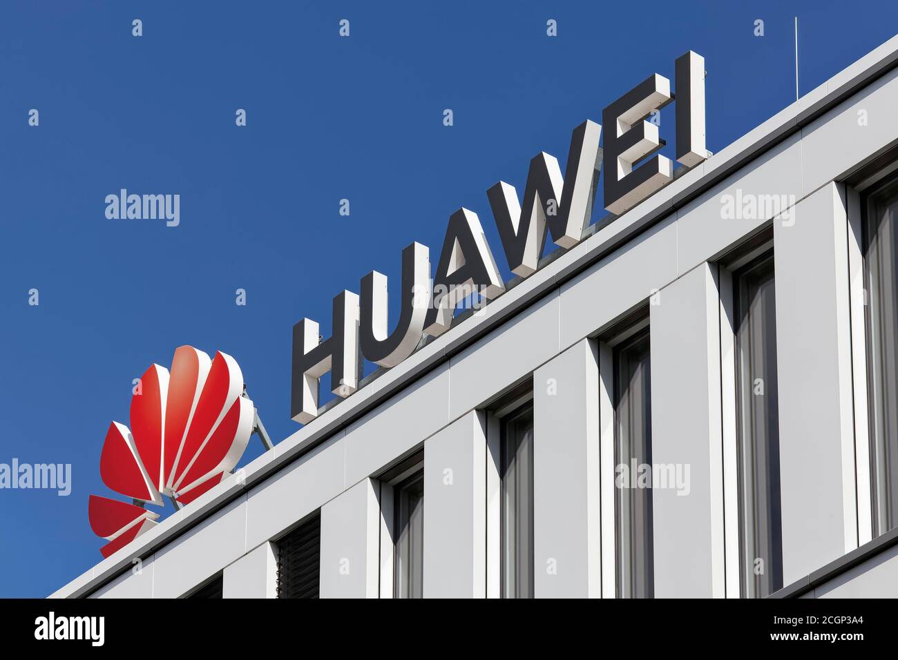 Logo on the European headquarters of Huawei Technologies in Duesseldorf, Duesseldorf, North Rhine-Westphalia, Germany Stock Photo