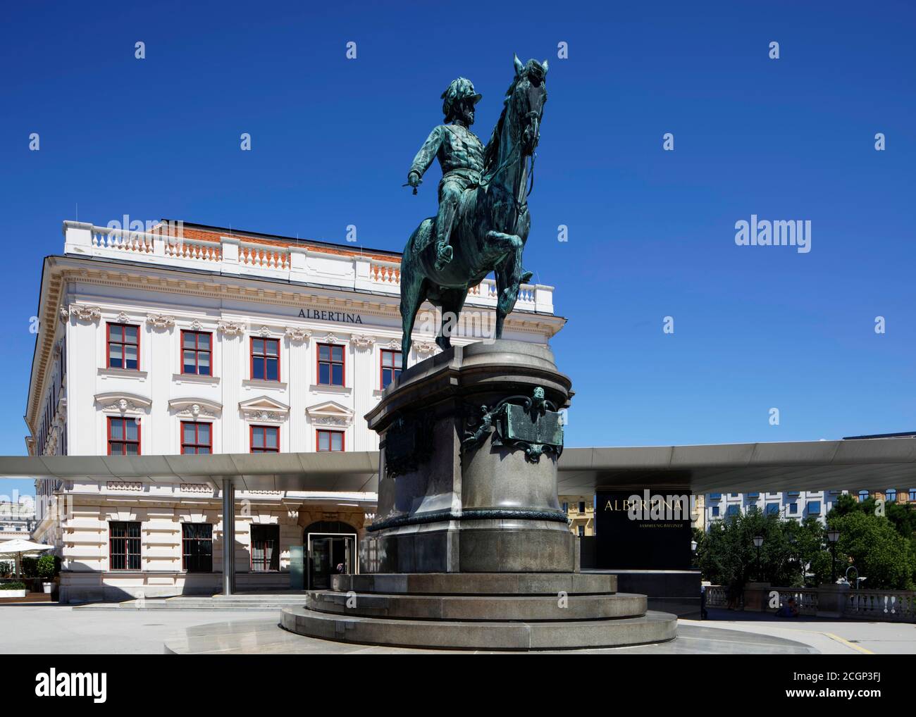 Erzherzog-Albrecht-Denkmal, 1817, 1895, equestrian statue, statue, bronze, behind it Soravia-Wing by Hans Hollein, behind it Albertina Kustmuseum Stock Photo