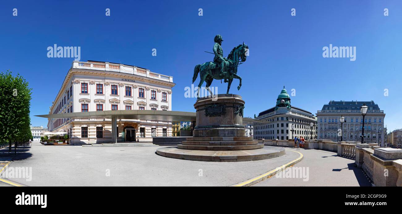 Panorama, Archduke Albrecht Monument, 1817, 1895, equestrian statue, statue, bronze, behind it Soravia-Wing by Hans Hollein, behind it Albertina Stock Photo