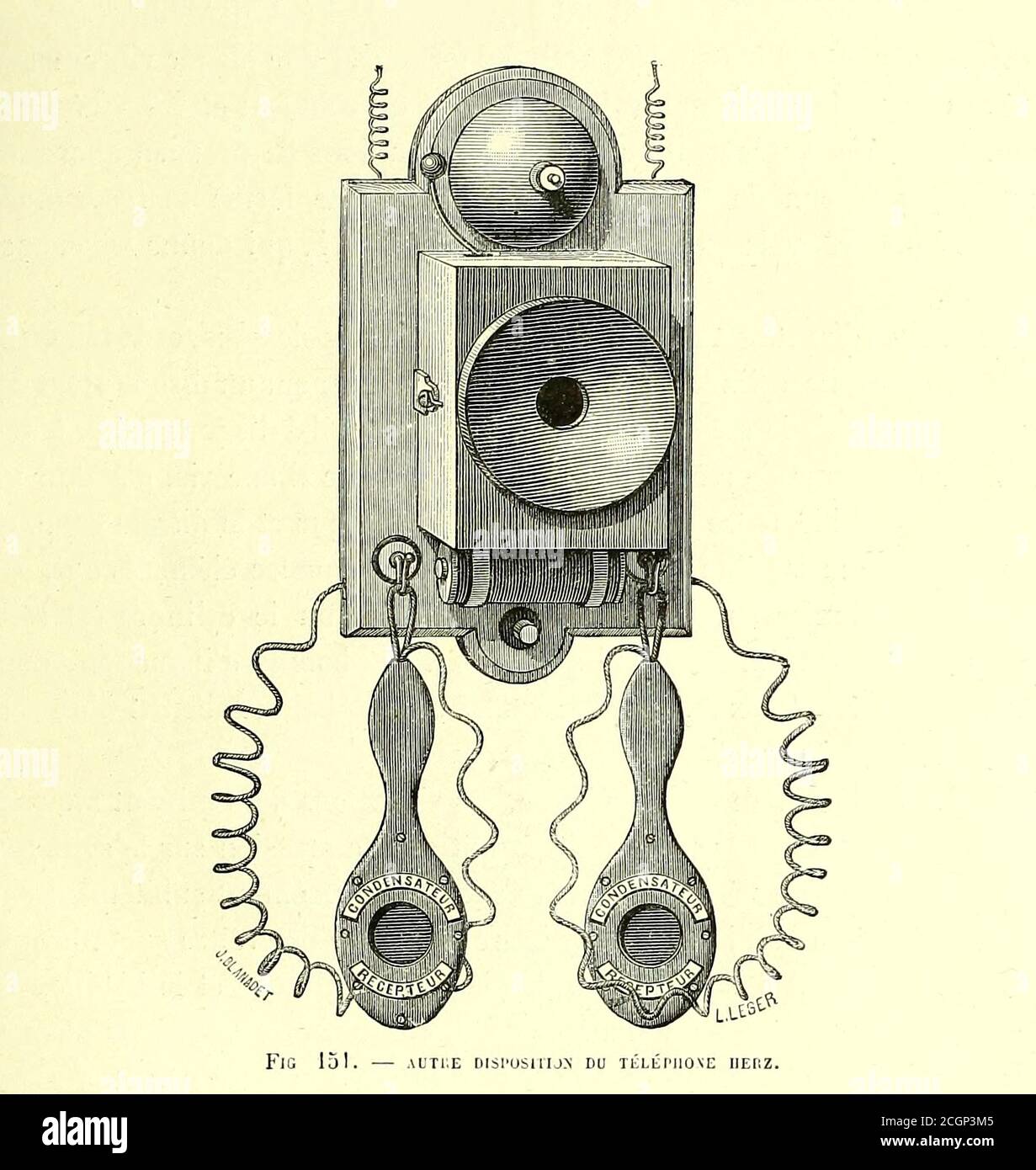 Vertical Herz Telephone From the Book Les merveilles de la science, ou Description populaire des inventions modernes [The Wonders of Science, or Popular Description of Modern Inventions] by Figuier, Louis, 1819-1894 Published in Paris 1867 Stock Photo