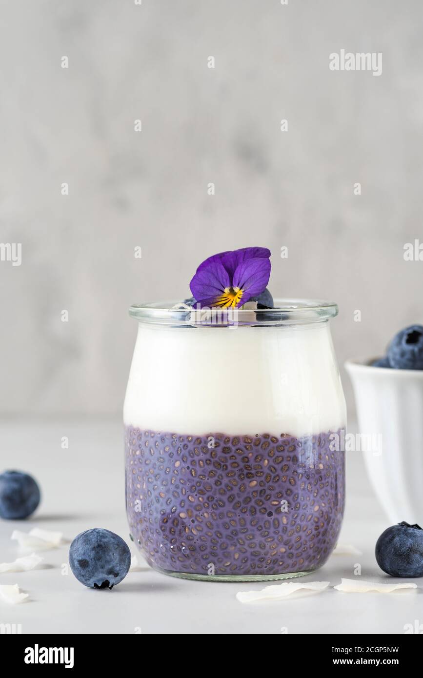 Blueberry yogurt parfait with chia pudding, coconut yoghurt, fresh berries and edible flowers in a glass for healthy diet breakfast on marble table. v Stock Photo