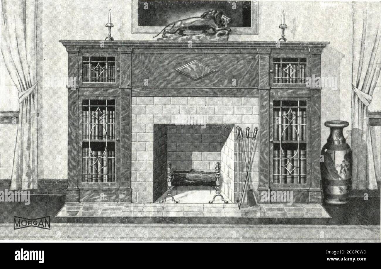 . Building with assurance . ^BSgR mm Fireplace and Bookcase M-503 T^HIS illustration shows more clearly than some the im--^ portance of woodwork in a room. The whole beauty ofthis room can be credited to the woodwork. The artisticpaneling above the mantel, with its neat candelabra, makesa wonderful background for the favorite painting. Theceiling beams, the casement windows, the bookcases, themantel shelf and the seat, all harmonize and combine to makethis an unusually attractive, as well as a practical and usefuldesign. 189 ^^iZ^. Fireplace and Bookcase M-509 T^HIS is not a large or an expens Stock Photo