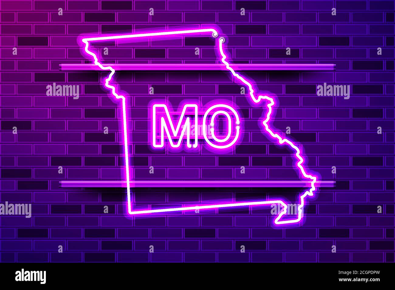 Missouri US state glowing purple neon lamp sign Stock Vector