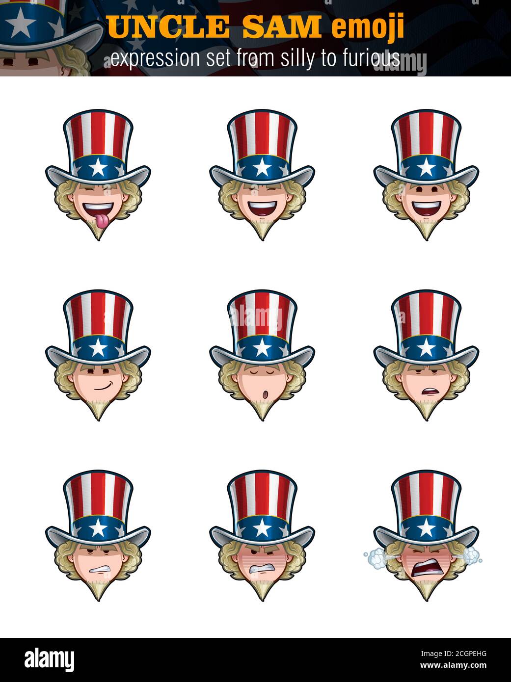 Vector illustrations Set of cartoon Uncle Sam Emoji. Nine expressions, silly, laughing, happy, smiling, preaching, serous, unamused, angry n furious. Stock Vector