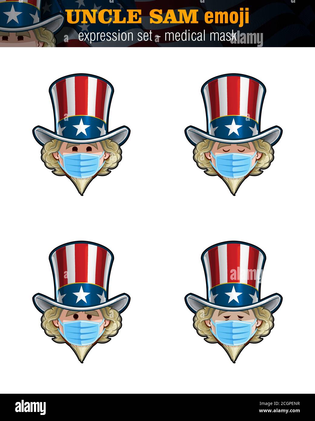 Vector illustrations Set of cartoon Uncle Sam Emoji, wearing surgical mask. Four expressions, happy, serous, concerned, sick – ill. Elements on well-d Stock Vector