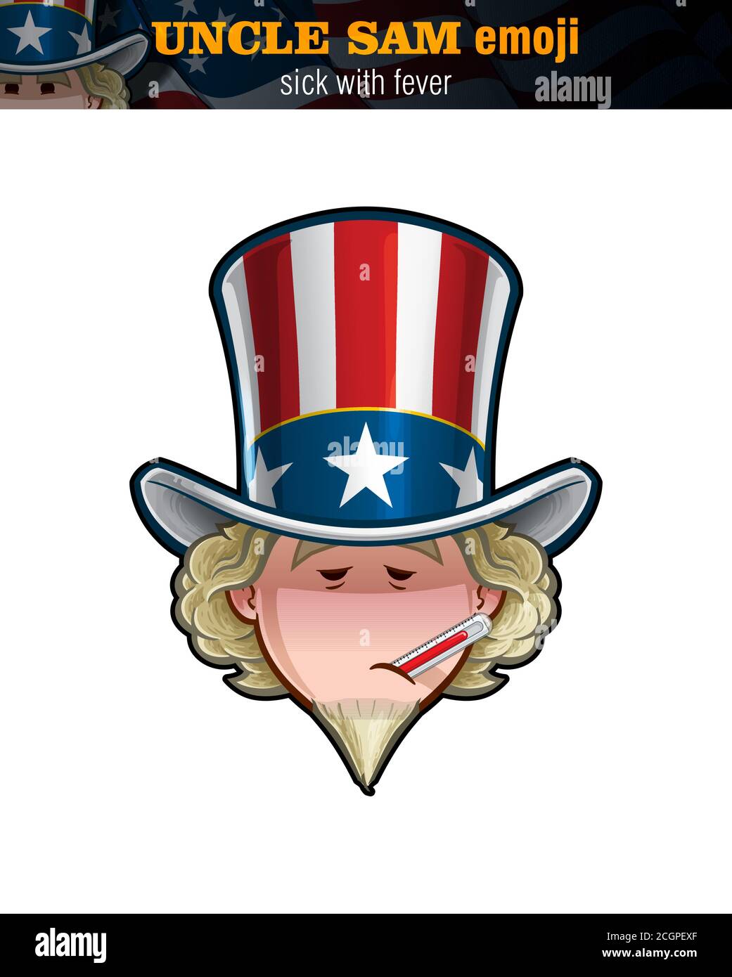 Set of Vector illustrations of a cartoon Uncle Sam Emoji, sick with fever, having a thermometer in his mouth. All elements neatly on well-defined laye Stock Vector