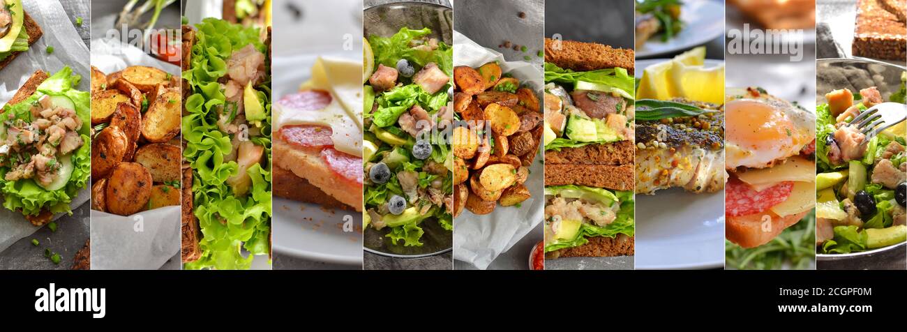 Collage of various food. Salad with fish, avocado and blueberries. Sandwich with lettuce and fish. Toast with egg. Rustic baked potatoes. Free space Stock Photo