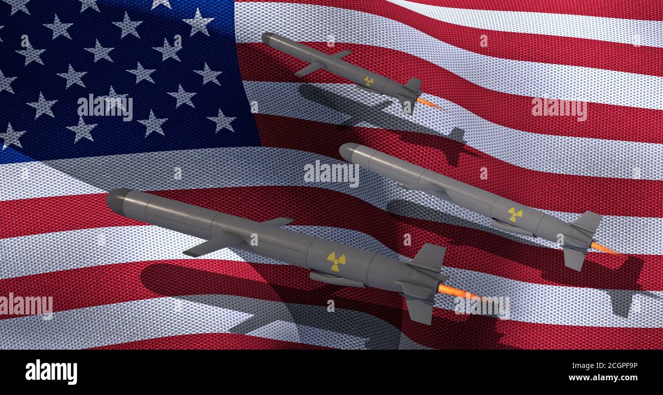 Nuclear Cruise missile on the background of the American flag. 3D render Stock Photo