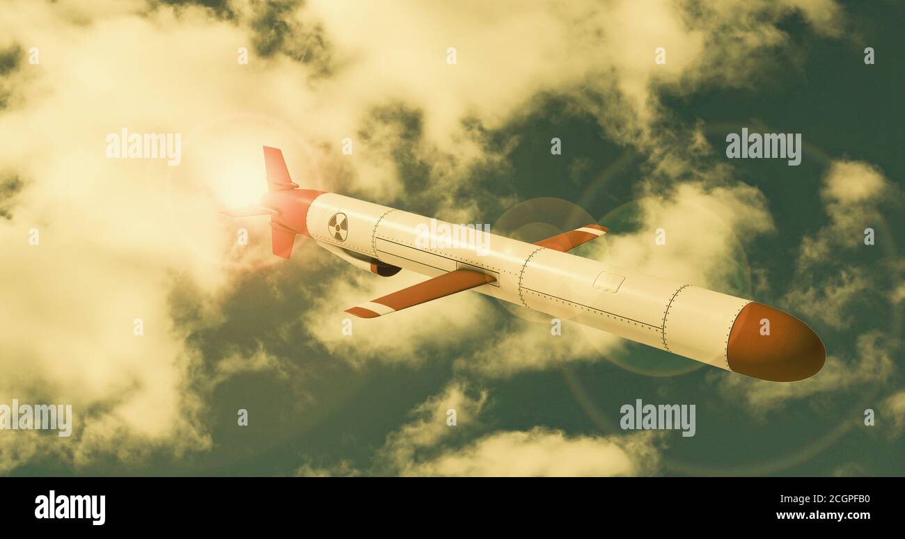 Nuclear Cruise missile against the sky. 3D render Stock Photo