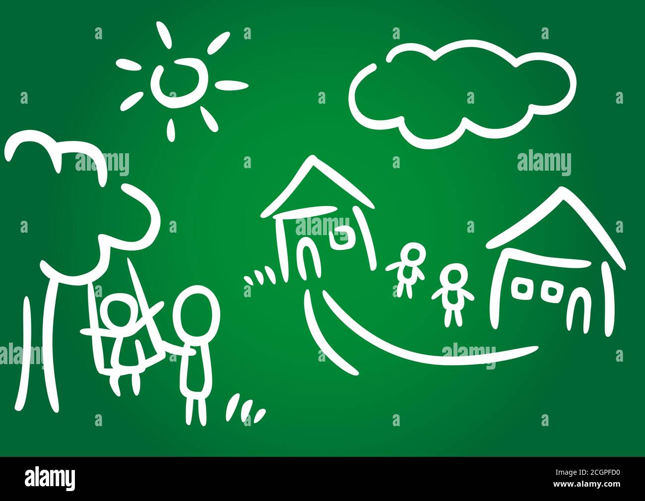 House of happy family drawing with chalk on a blackboard. Abstract