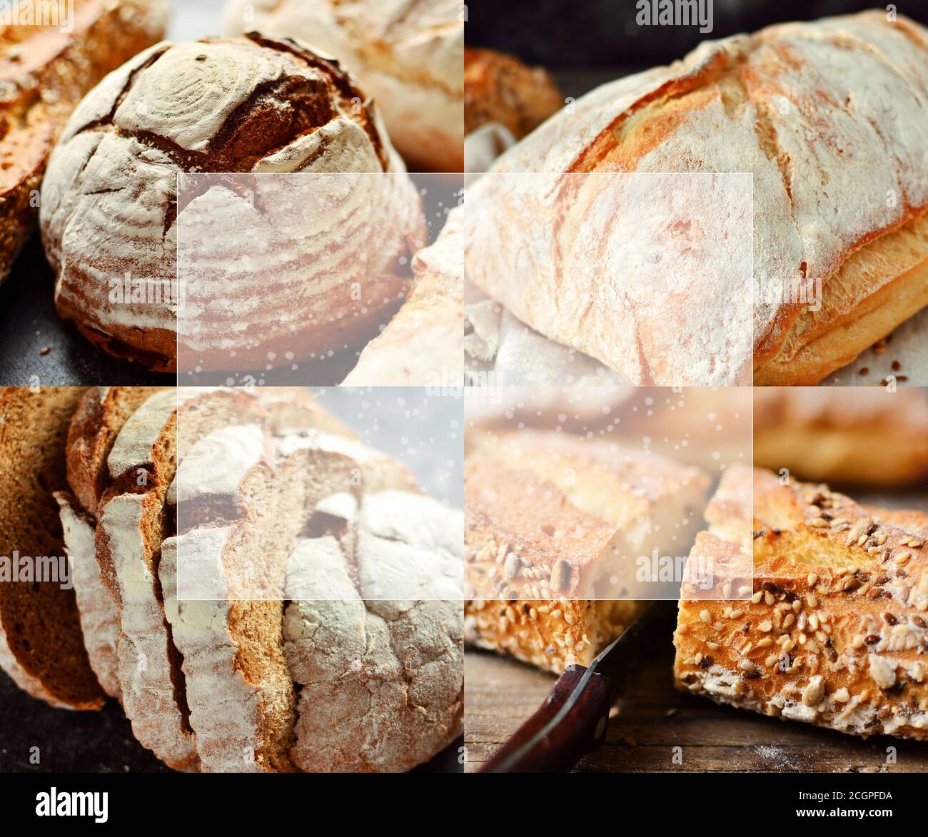 Assortment of bakery products. Wheat, buckwheat, yeast-free bread. Delicious and crispy bread. Food collage. Free space for text Stock Photo