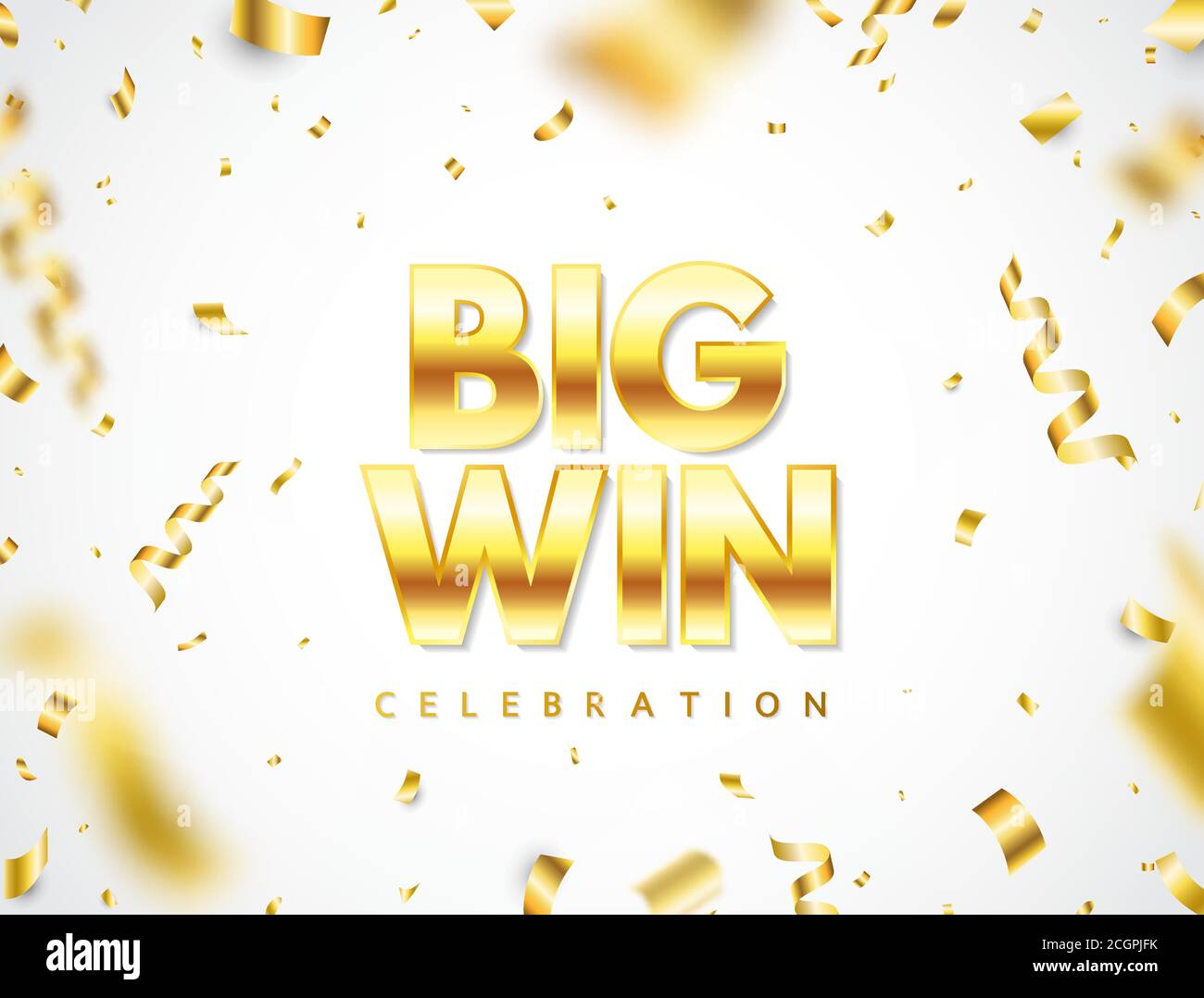 Big win golden text with falling confetti. Bright congratulations