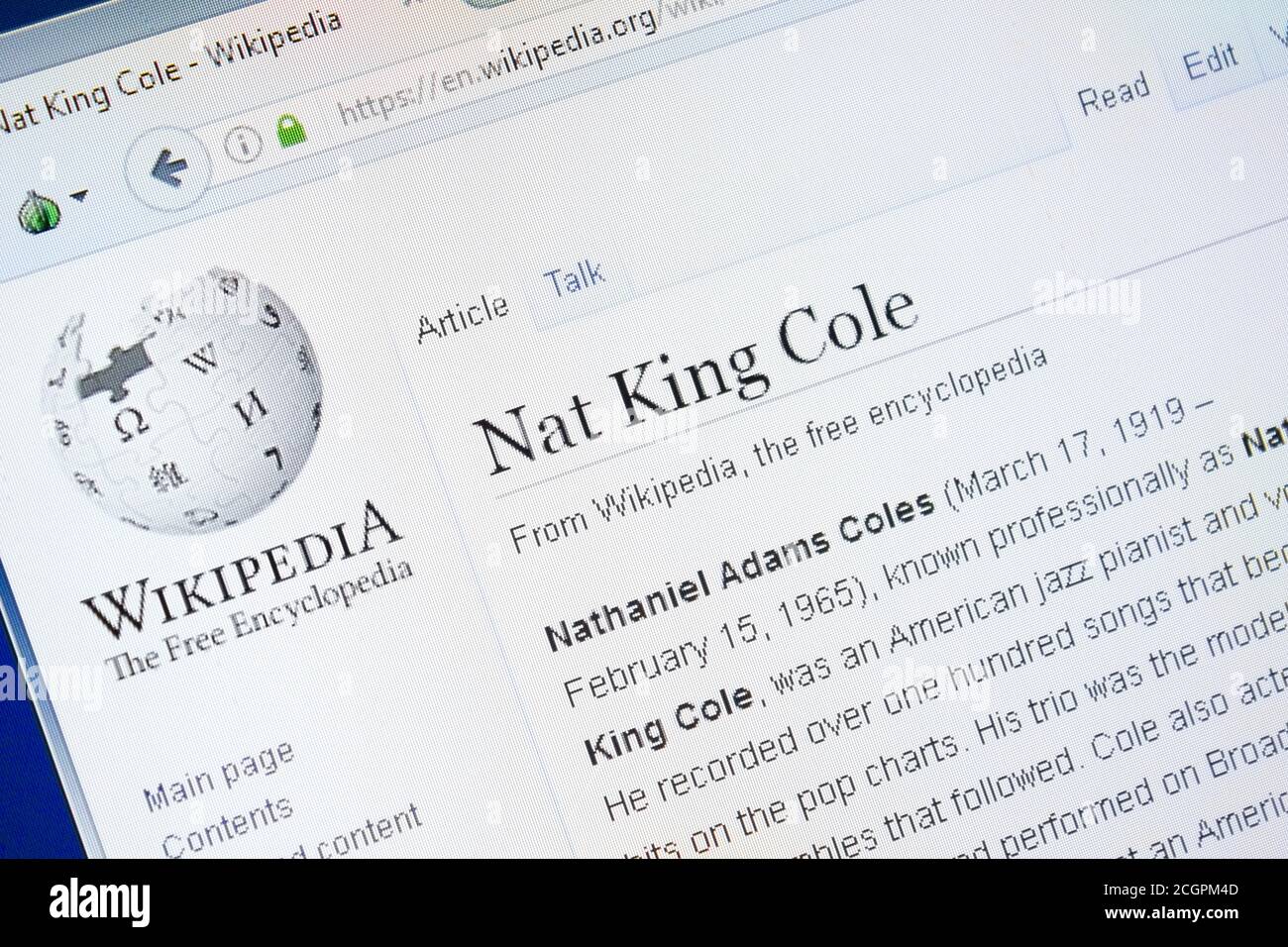 Ryazan, Russia - August 28, 2018: Wikipedia page about Nat King Cole on the  display of PC Stock Photo - Alamy
