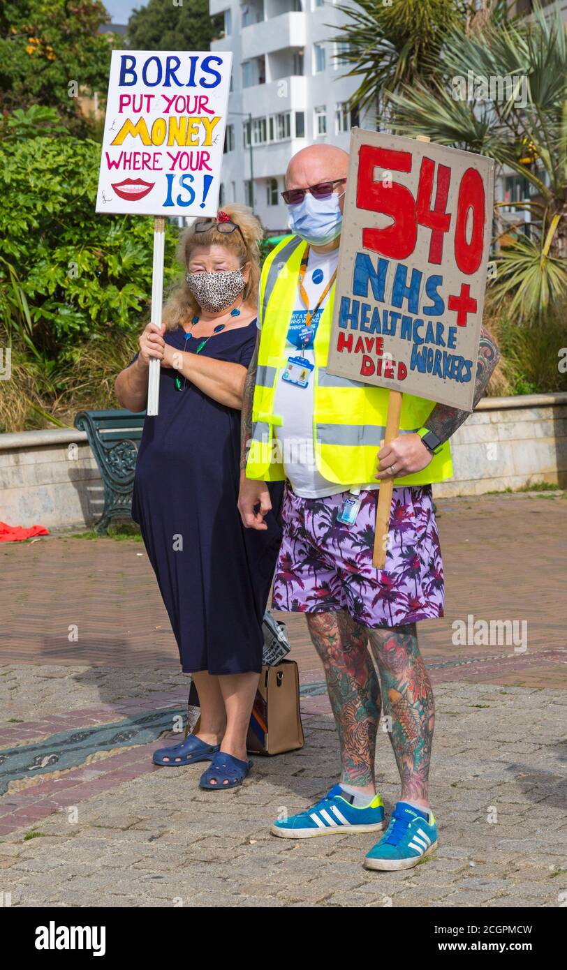 Bournemouth, Dorset UK. 12th September 2020. Dorset NHS Workers Say “No” to public sector inequality after the government made their announcement to give pay rises to other public sectors, but excluded NHS nurses and junior doctors. Many NHS workers feel undervalued and demoralised, overworked and exhausted, putting  their own health and safety at risk during the Covid-19 pandemic. Credit: Carolyn Jenkins/Alamy Live News Stock Photo