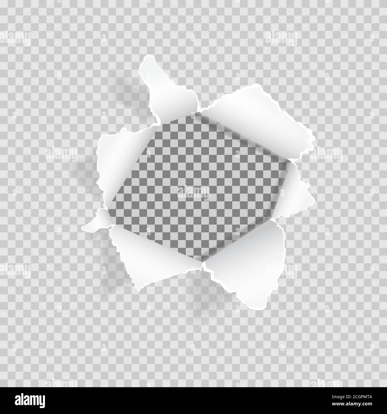 Torn paper on transparent background. Realistic ripped hole in the sheet of paper. Paper with ripped edges and space for text. Design for web, print Stock Vector
