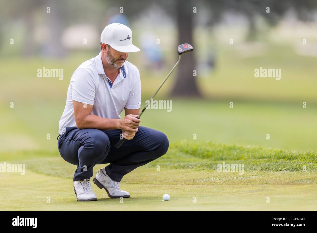 Napa, California, USA. 11th Sep, 2020. Scott Piercy of the United States considers his putt during the second round of the Safeway Open PGA tournament on September 11, 2020 at Silverado Country Club in Napa, CA. Credit: Action Plus Sports/Alamy Live News Stock Photo