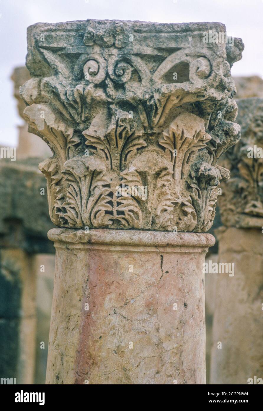 Jerash, Jordan.  Corinthian Column Capital, Roman City Ruins of Gerasa. Photographed November 1966. Stock Photo