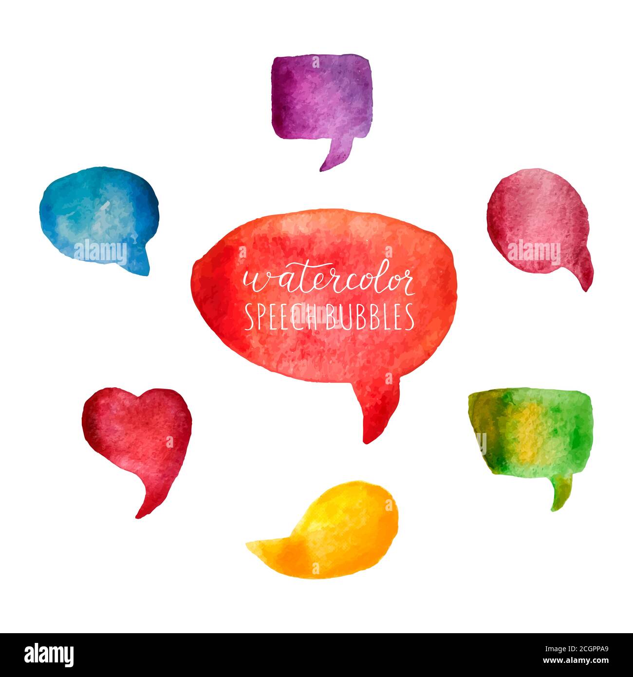 Watercolor speech bubbles set. Colorful watercolor textures with brush strokes. Bright bubbles isolated on white background. Hand drawn stains. Vector Stock Vector