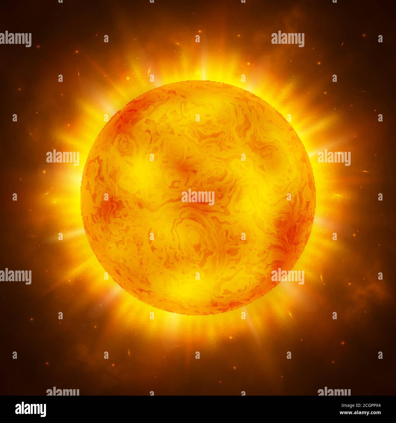 Sun planet. Bright realistic sun with rays, glow and sparks. Sunshine design. Space background. Global warming concept. Vector Illustration Stock Vector