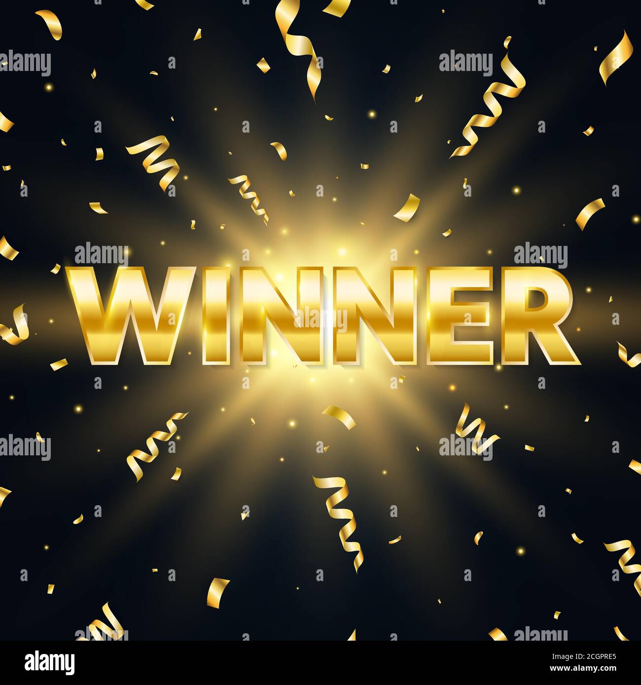Winner golden text with sparkles and falling confetti. Bright