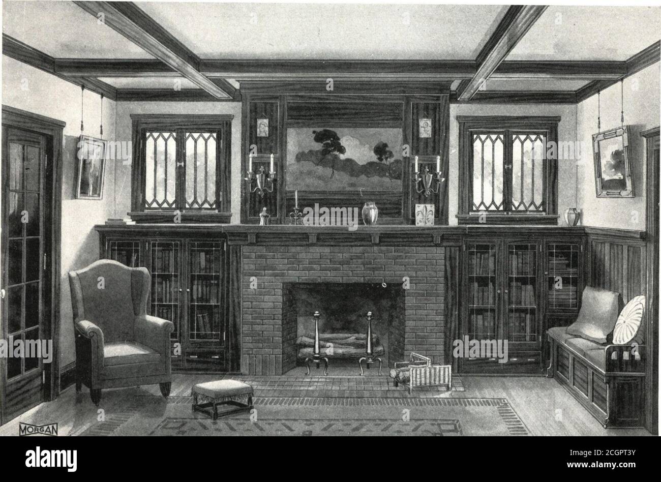 . Building with assurance . Fireplace, Bookcase and Seats M-502 TX7E THINK this is one of the most attractive fireplace▼ » and seat designs we have. Particularly note theartistic paneling throughout this design. By this arrange-ment the fireplace is made to harmonize with the rest of theroom. This design contains another good suggestion also—that is, making use of the space under seats for books, maga-zines, etc. ^^» ^. ^BSgR mm Fireplace and Bookcase M-503 T^HIS illustration shows more clearly than some the im--^ portance of woodwork in a room. The whole beauty ofthis room can be credited to Stock Photo