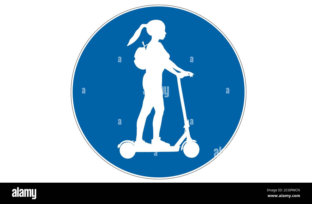 Electric scooter lane road sign. Illustration of e-scooter mandatory lane traffic sign. Route for electric scooters. White silhouette of woman riding Stock Photo