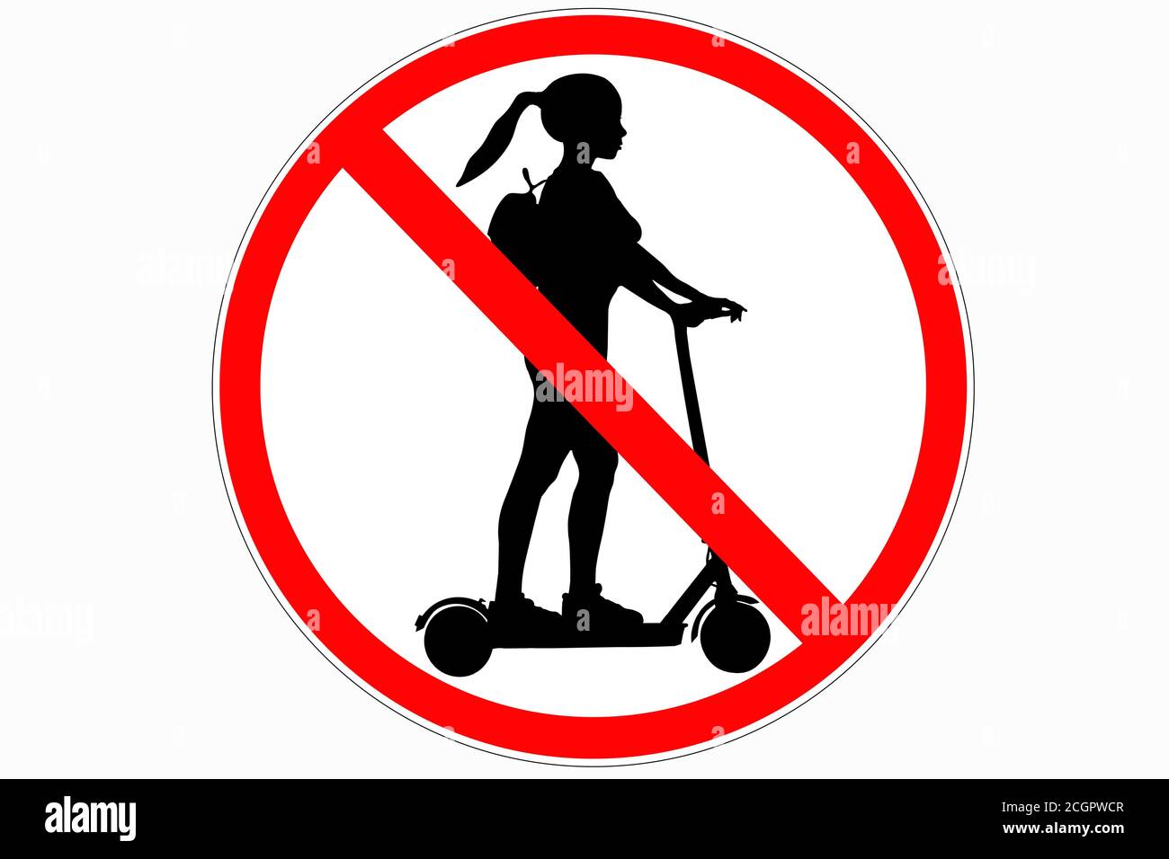 Road sign forbidding electric scooter. Image of a woman on electric scooter with a backpack. red road sign. Illustration of not allowed electric scoot Stock Photo
