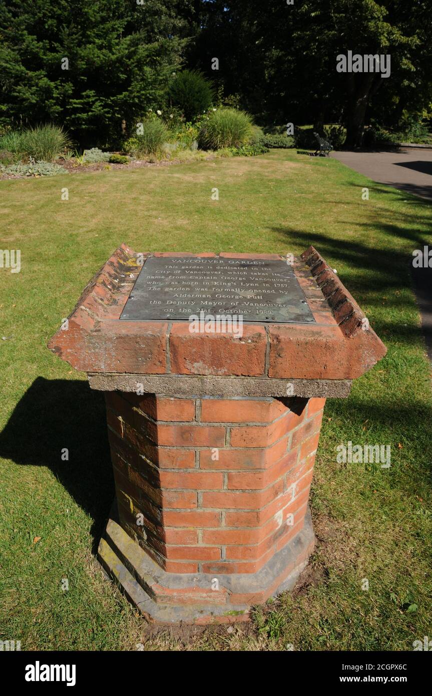 Plaque Vancouver Gardens ,King's Lynn, Norfolk. the gardens are