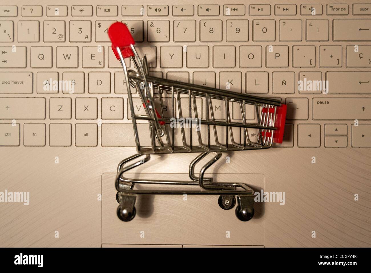 Realistic iron mini shopping cart with red plastic parts on top of a