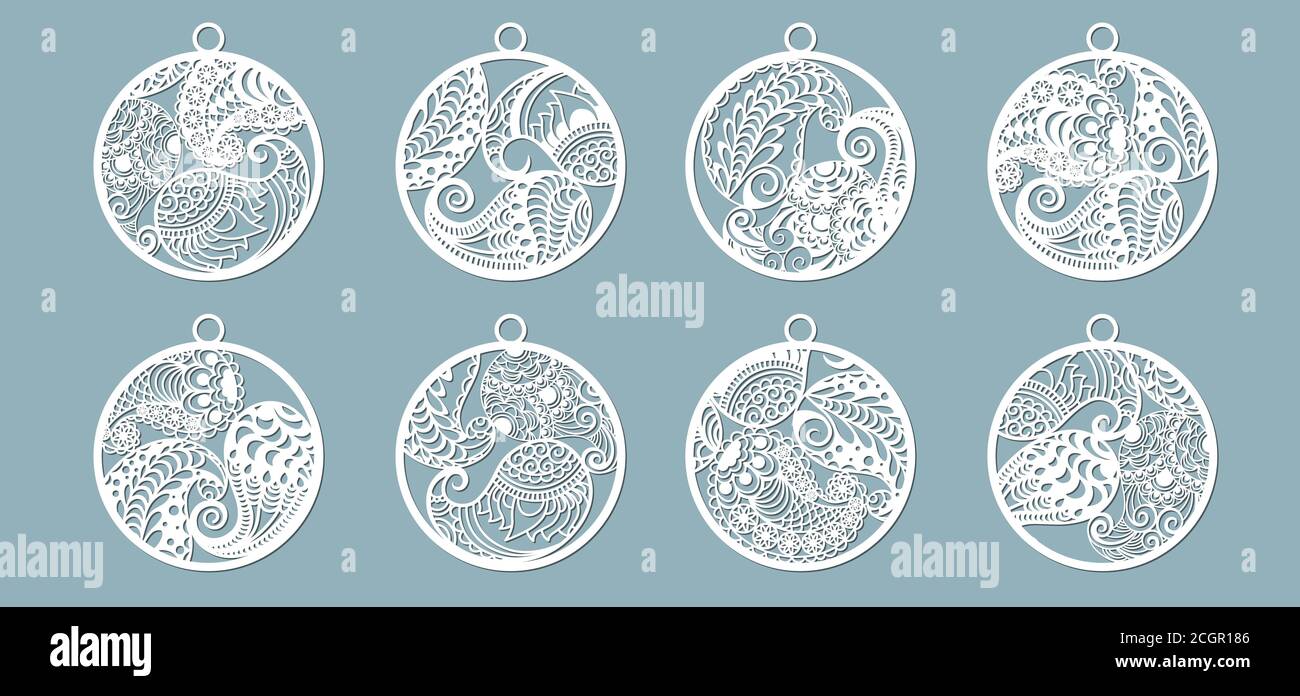 Paisley in the form of pendants. Laser cutting. Craft paper for decoration. Plotter, screen printing.. Stock Vector