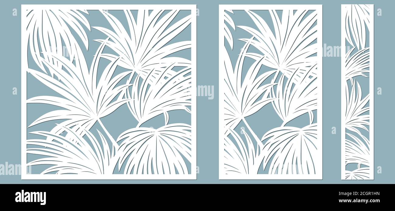 Set template for cutting. Palm leaves pattern. Laser cut. Vector illustration.. Stock Vector