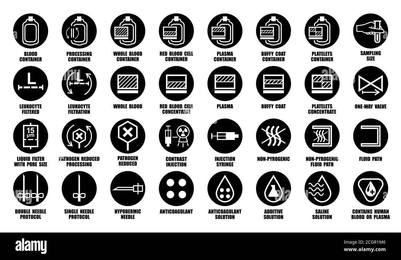 Full vector set of packaging icons for medical devices contain human blood, cells, plasma, platelets, leukocytes. Black package pictograms isolated on Stock Vector