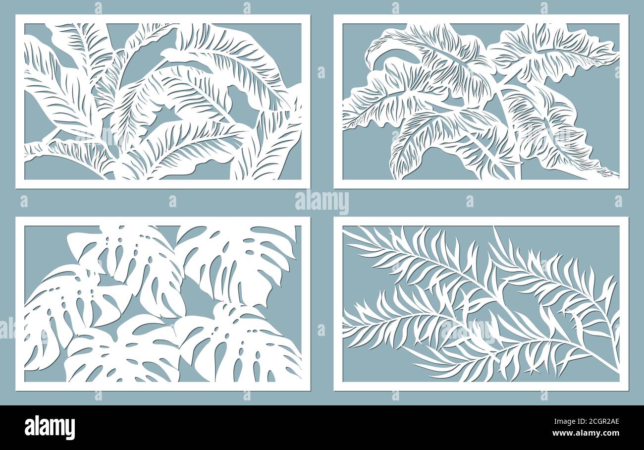 Set template for cutting. Palm leaves pattern. Laser cut. Vector illustration.. Stock Vector