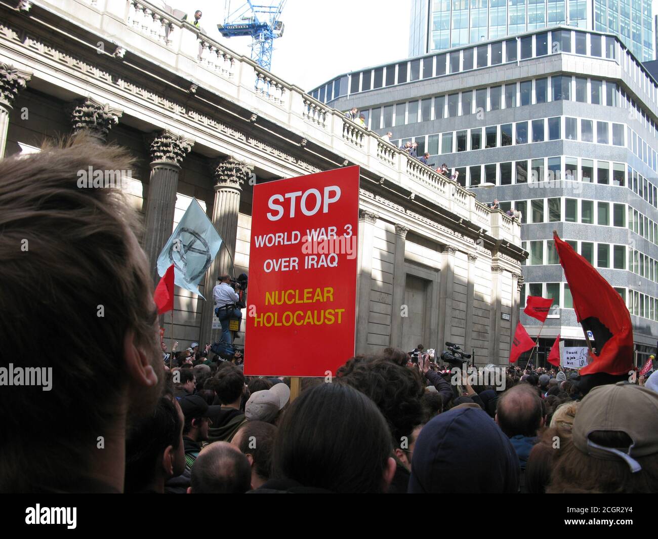 Stop world war 3 protest sign. 2009 G20 London summit protests. City of London. England. UK Stock Photo