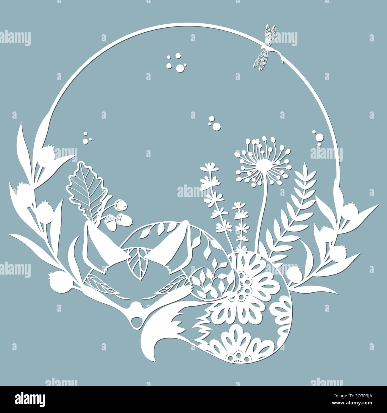 Sleeping Fox in a round frame, with patterns, flowers, butterflies ...