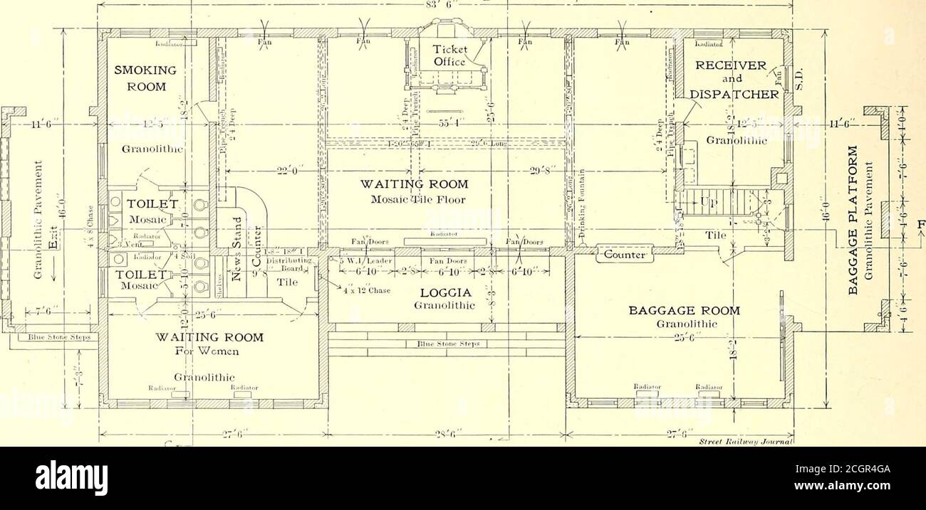 . The Street railway journal . FRONT OF SCRANTON PASSENGER STATION are in appearance not only handsome but particularly appro-priate to the character of the service for which they are in-tended. They are of brick, with all sills, lintels, quoins,cornices, belt courses, copings, etc., of concrete moulded into 866 STREET RAILWAY JOURNAL. [Vol. XXL No. 24. blocks made on the grounds. The footings and foundation engineer and his force of assistants and draftsmen. A fire-walls are all of concrete, and granolithic floors.have been put proof vault, 25 ft. 6 ins. x 10 ft., serves as a receptacle forin Stock Photo
