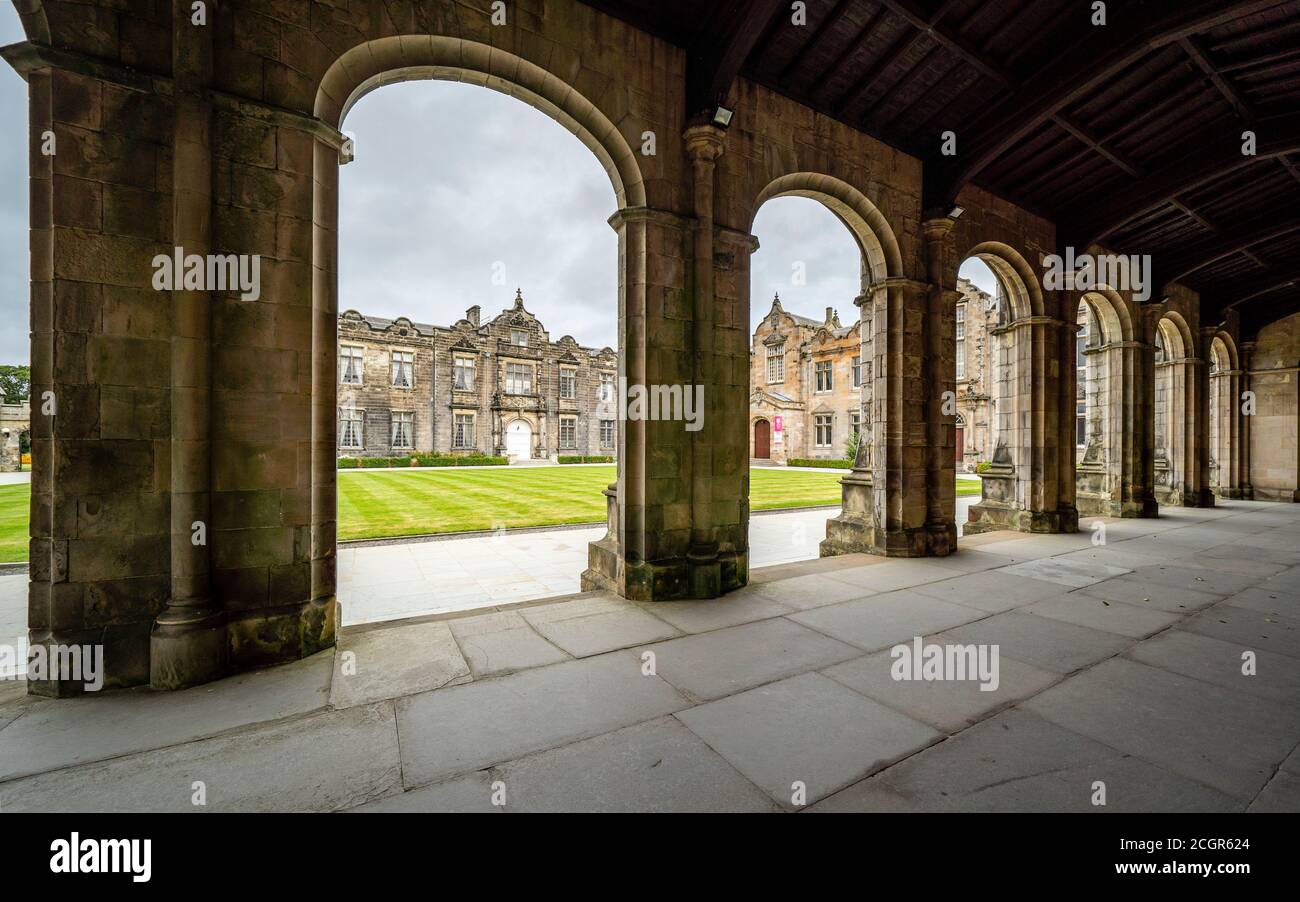 View of St Salvator's Quad ( Quadrangle) at St Andrews University, Fife, Scotland, UK Stock Photo