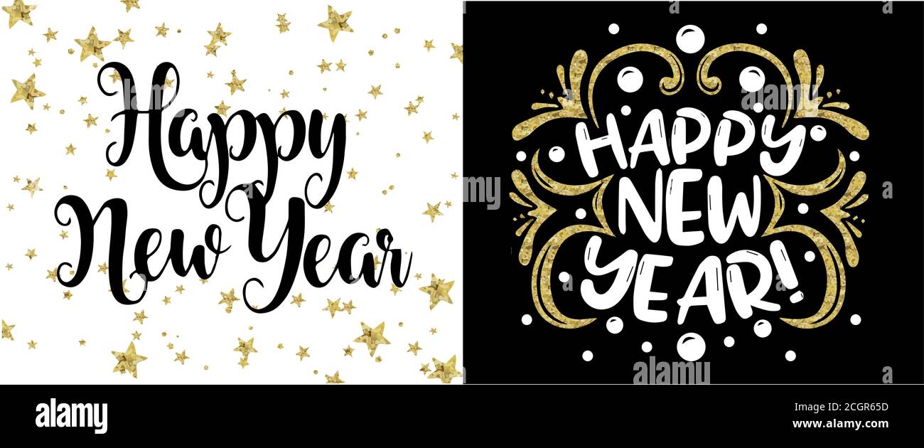holiday card, hand drawn lettering. Holiday greetings quote. new year toast and gold foil, background - template design for poster, banner, Stock Vector