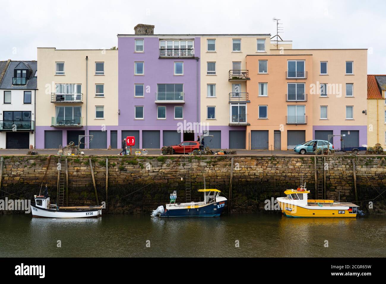 Modern apartment block at St Andrews harbour in Fife, Scotland, UK