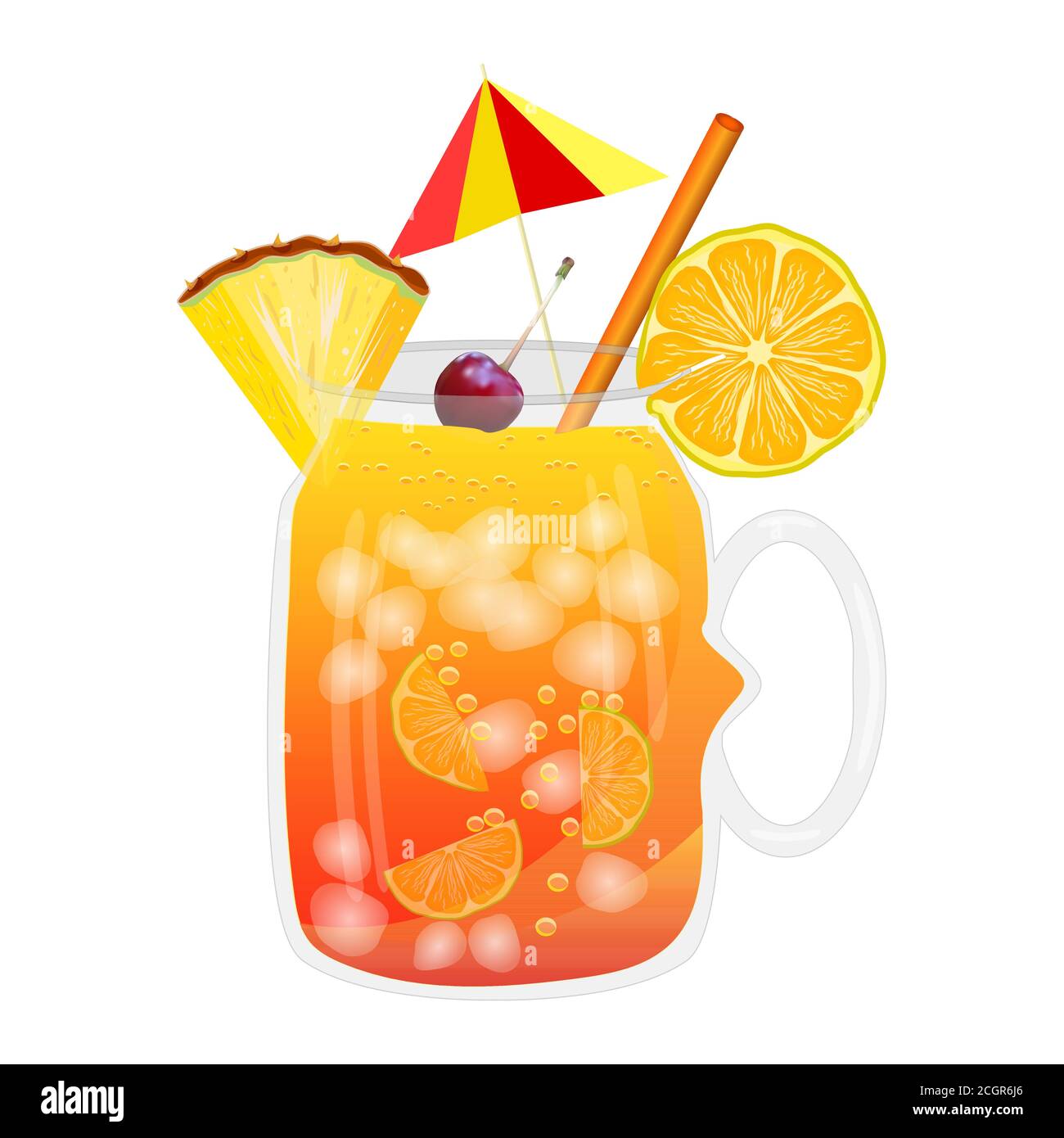 Rum punch cocktail isolated on white background. Tropical drink in