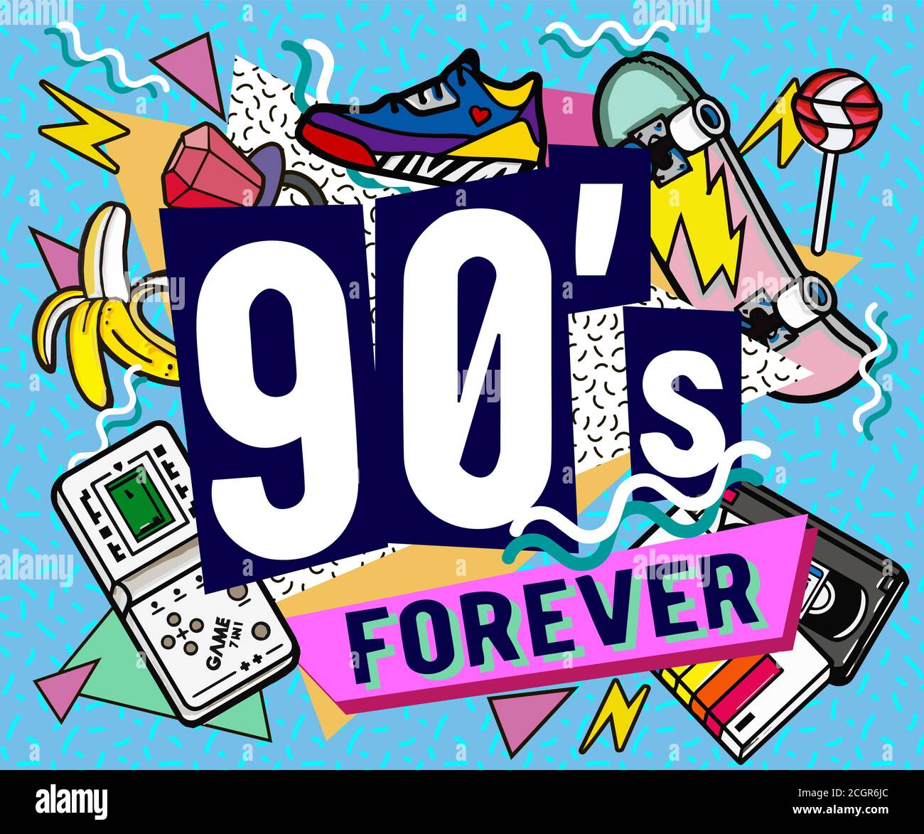 banners in trendy 80s-90s memphis style. with old-fashioned retro stuff with a game, vhs cassette, skate, stick candy, sneakers and an old audio casse Stock Vector