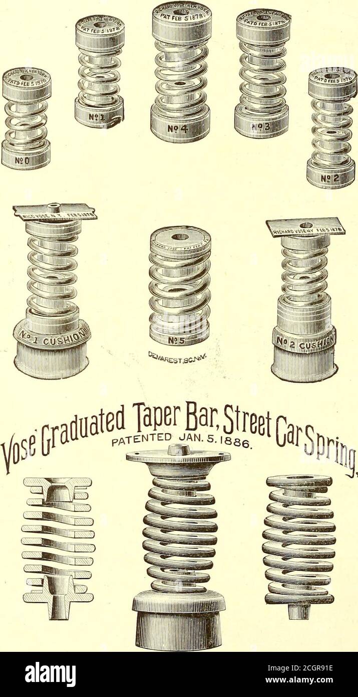 . The Street railway journal . 13 Barclay Street, PATENTEE AND MANUFACTURER OF Graduated Street Car Springs. Patented, April 15th, 1879. ADAPTED TO THE STEPHENSON,BEMIS,RANDALL,HIGLEY,BRILL,JONES,BALTIMORE,VOLK,CHAPLIN, LACLEDE And all other Boxes. Adapted to all ^Pedestal EH PostGears. of. No. 0, for 10-ft. Light Cars.No. 1, for 10-ft. Cars.No. 2, for 12-ft. Cars,-jf No. 3, for 14-ft. Cars.No. 4, for 16-ft. Cars. No. 5, for 16-ft. Cars. (Single Pedestal.) No. 1, Cushion, for 16-ft,Cars. No. 2, Cushion, for 12 and14-ft. Cars. Motion Soft andSlow. It has no RapidVibrations. This Spring is weake Stock Photo